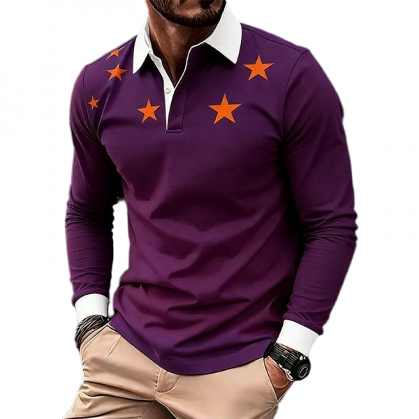 Purple Long-Sleeve Polo Shirt with Star Accents
