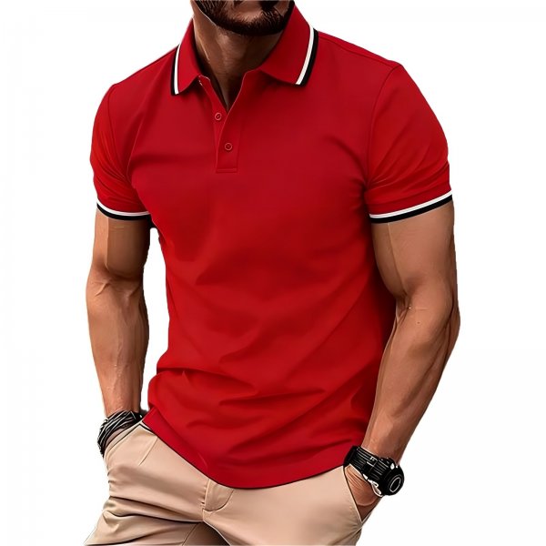 Men's Classic Red Polo Shirt with Black-White Contrast Collar & Cuffs