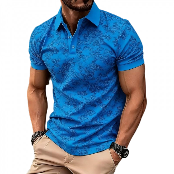 Men's Vibrant Blue Floral Print Polo Shirt - Stylish Casual Short-Sleeve Top