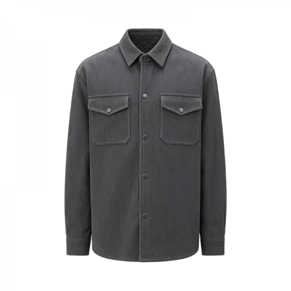 Dark Gray Pinstripe Corduroy Utility Shirt - Casual Loose Outerwear