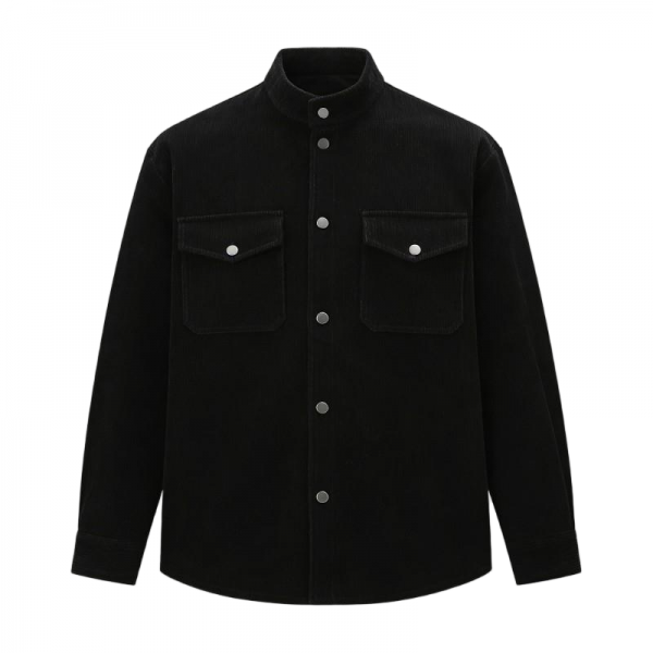 Black Stand-up Collar Corduroy Utility Shirt - Minimalist Edgy Outerwear