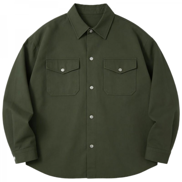 Olive Green Oversize Utility Shirt - Retro Casual Outerwear