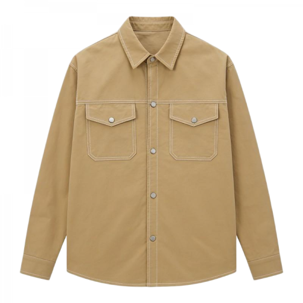 Khaki Utility Shirt with White Contrast Stitching - Retro Color-block Outerwear
